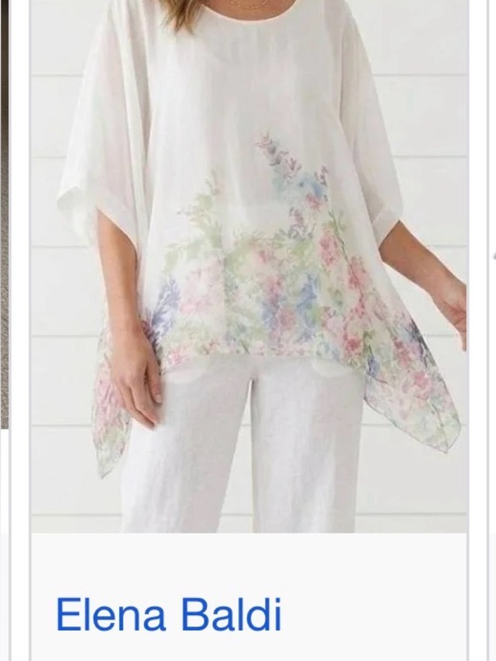Elena Baldi Italian Silk Women's White Floral Watercolor Tunic Top
